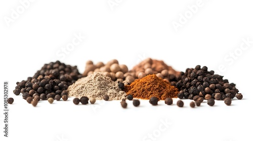 Assorted spices black peppercorns, ground pepper, paprika, and allspice. Aromatic and flavorful ingredients.