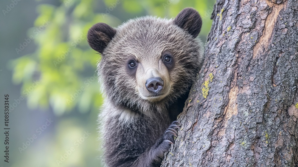 Obraz premium Grizzly Bear Cub Curiously Peeking from Behind a Tree