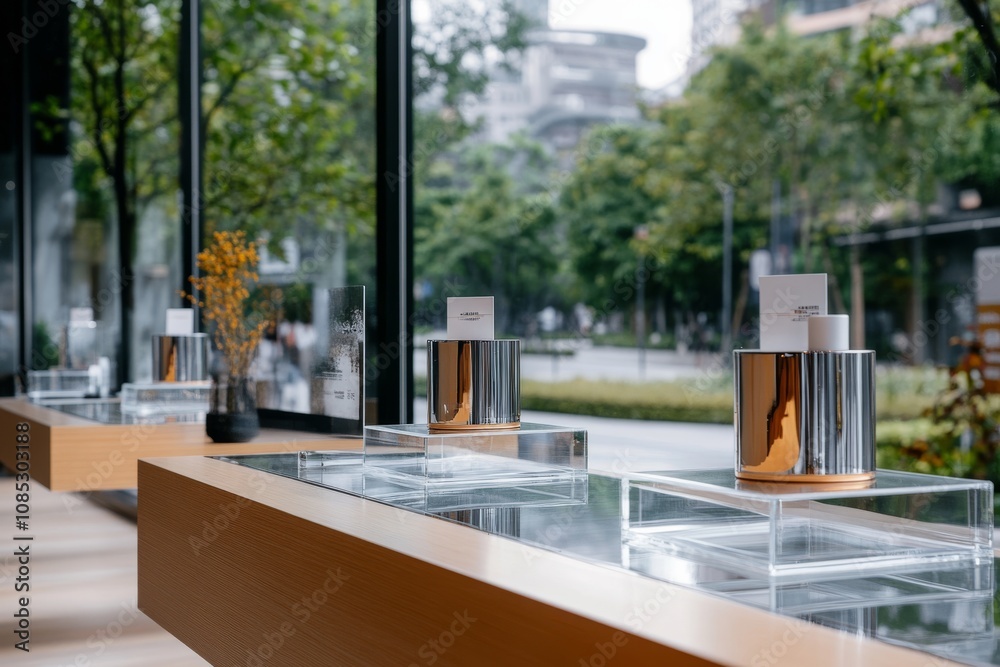 A sleek storefront window displays premium cylindrical objects against an urban backdrop, suggesting modern taste and style. A sleek storefront window displays premium cylindrical objects against an urban backdrop, suggesting modern taste and style.