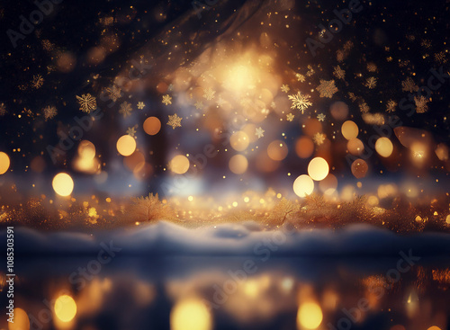 Magical winter scene. Glowing lights illuminate falling snowflakes and a snow-covered ground, reflecting in a still body of water. The overall mood is serene and festive.