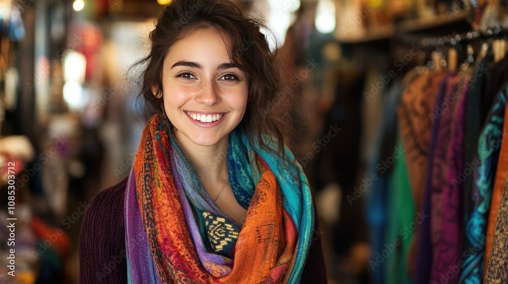 Smiling Woman in a Colorful Scarf in a Clothing Store Smiling Woman in a Colorful Scarf in a Clothing Store