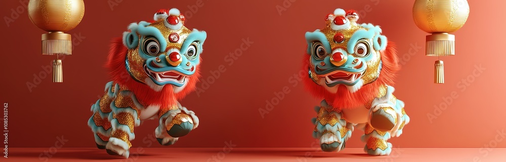 Fototapeta premium Chinese dancing dragon banner in the corner, adorned with red lanterns and gold accents. Centered copy space on a red background.