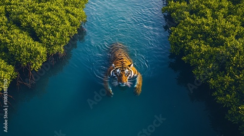 Tiger Swimming in Lagoon Surrounded by Mangrove Forests