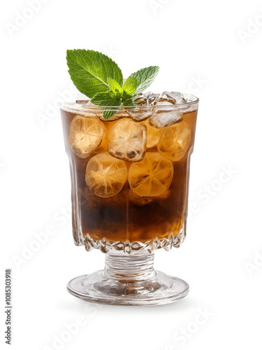 Timorese Kopi in clear glass garnished with few ice cubes and sprig of green mint