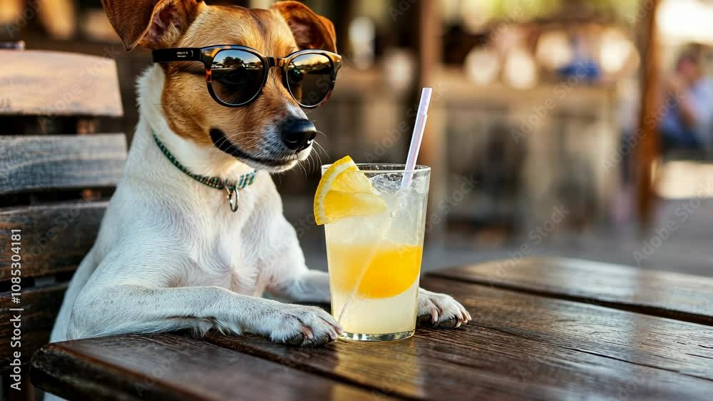 A cute Jack Russell terrier sits at an outdoor cafe table wearing sunglasses, enjoying a refreshing summer drink on a warm afternoon