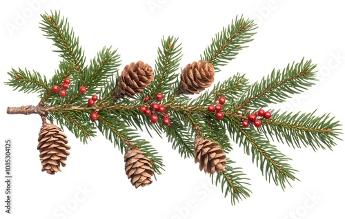 Festive Spruce Branch with Cones and Berries