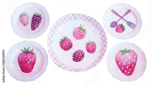 Watercolor set of plates with strawberries and raspberries on a white background