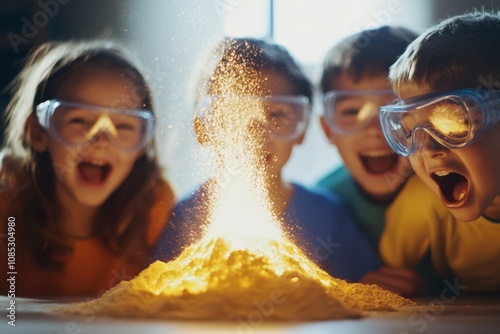 Goggled kids thrill at a dramatic volcanic eruption experiment, capturing energy and enthusiasm in learning.