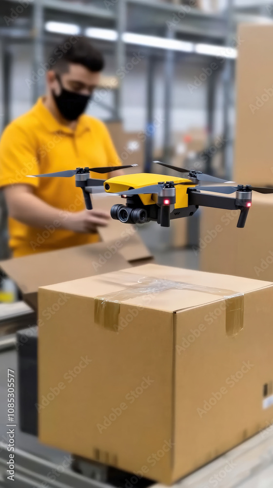 Efficient drone delivery in high tech warehouse, showcasing packaging and logistics. worker in mask ensures safety while managing operations Efficient drone delivery in high tech warehouse, showcasing packaging and logistics. worker in mask ensures safety while managing operations