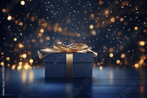 Abstract Christmas gift boxes with blue and gold glitter and gold bokeh