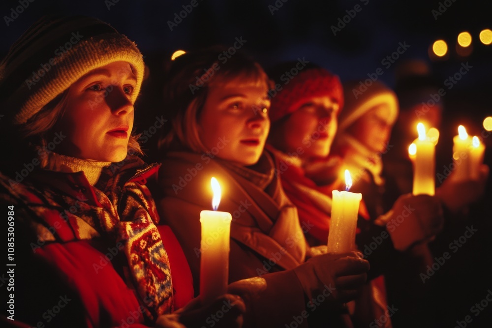 A group of people gathered at night, each holding a candle that glows warmly against the darkness, creating a sense of unity and contemplation. A group of people gathered at night, each holding a candle that glows warmly against the darkness, creating a sense of unity and contemplation.