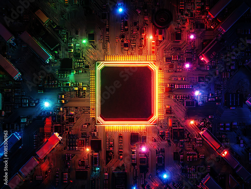 Bright, colorful circuit board with a glowing central square chip, showcasing energy and innovation in modern technology. Ideal for creative tech visuals. photo