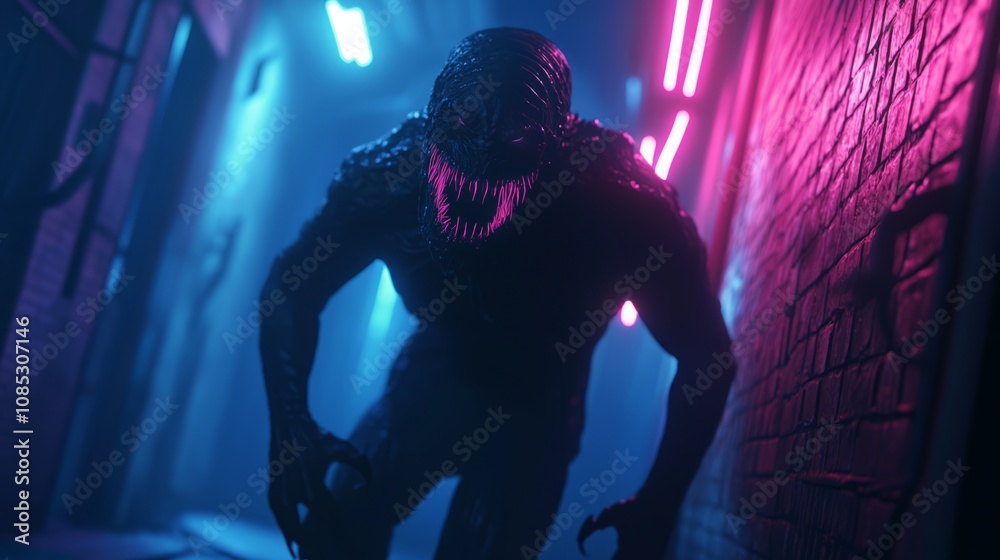 Obraz premium Malevolent Entity in Dark Alley - 3D Rendered Dark Fantasy Digital Artwork with Neon Lights Casting Dramatic Shadows