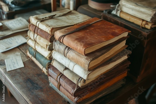 Stacks of aged, leather-bound books rest on a wooden table, radiating wisdom and history in a quaint study. photo