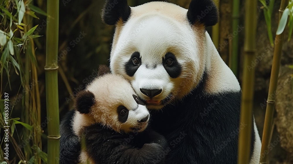 Fototapeta premium Mother Panda Cradling Cub in Bamboo Forest