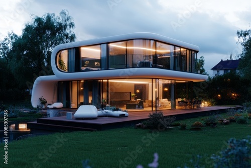 Wallpaper Mural A contemporary two-story home with futuristic design features expansive glass walls and ambient lighting, nestled in lush greenery. Torontodigital.ca