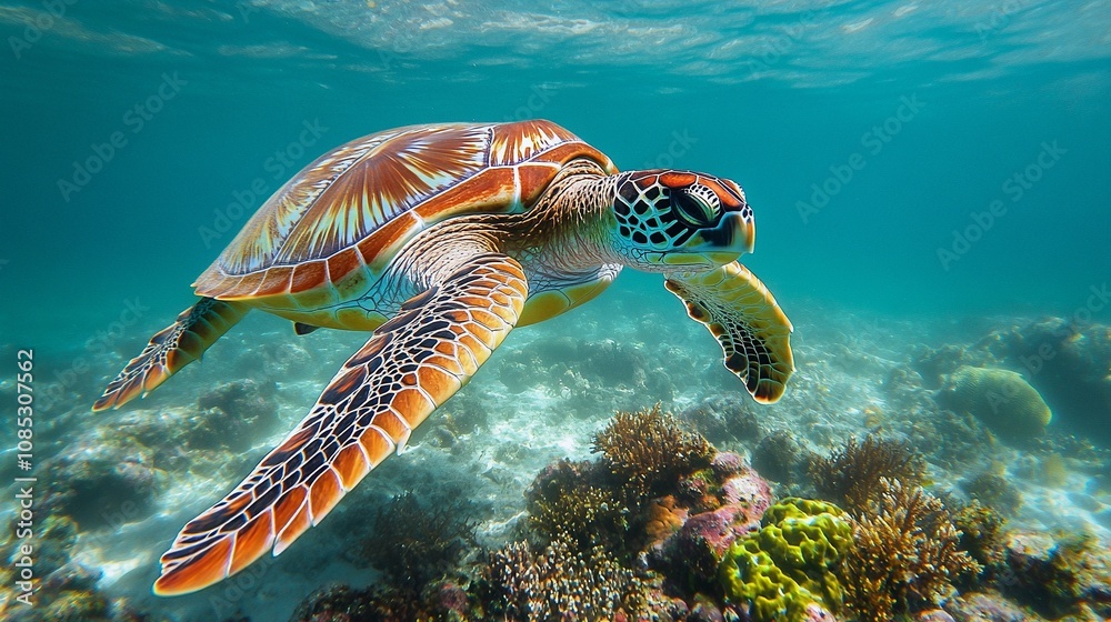 Fototapeta premium Sea Turtle Swimming Over Colorful Coral Reef in Clear Ocean Water