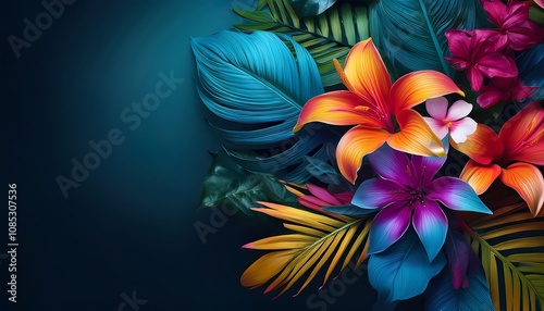  Colorful tropical flowers and leaves adorn a dark background in a vibrant, abstract design _1(252)