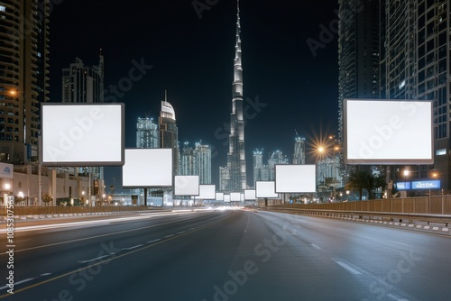 An urban nightscape featuring bright, blank billboards amidst skyscrapers, highlighting the modernity and commercial vibrancy of city life. photo