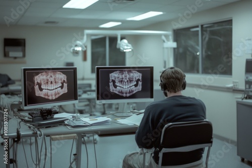 Alone in a dimly lit room, a person contemplates dental X-rays displayed across dual monitors, revealing an aura of concentration and professional dedication. photo