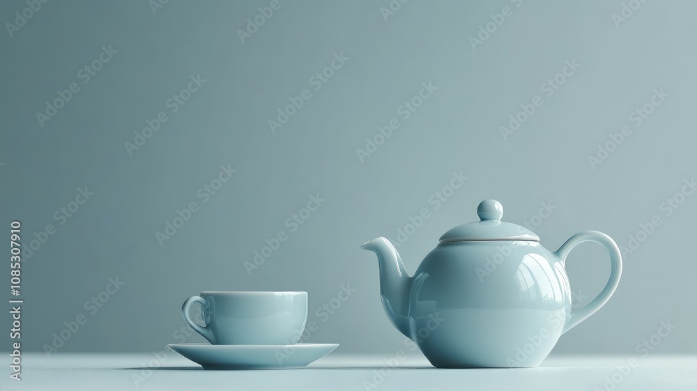 Light blue teapot and teacup set on white surface Light blue teapot and teacup set on white surface