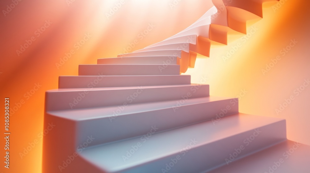 A spiral staircase illuminated by warm light, leading upward in a serene environment. A spiral staircase illuminated by warm light, leading upward in a serene environment.