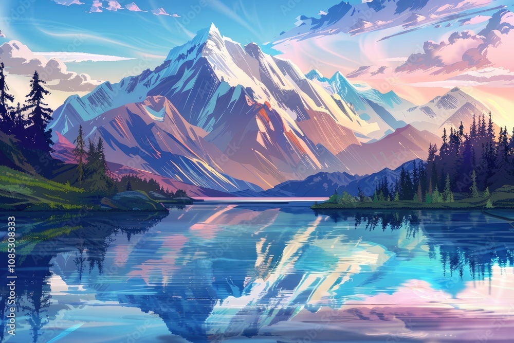 Obraz premium A Serene Mountain Lake Reflecting a Snowy Peak at Sunset