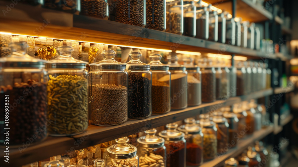 Organized pantry shelves filled with glass jars of spices, nuts, and coffee, offering a warm and rustic culinary inspiration Organized pantry shelves filled with glass jars of spices, nuts, and coffee, offering a warm and rustic culinary inspiration