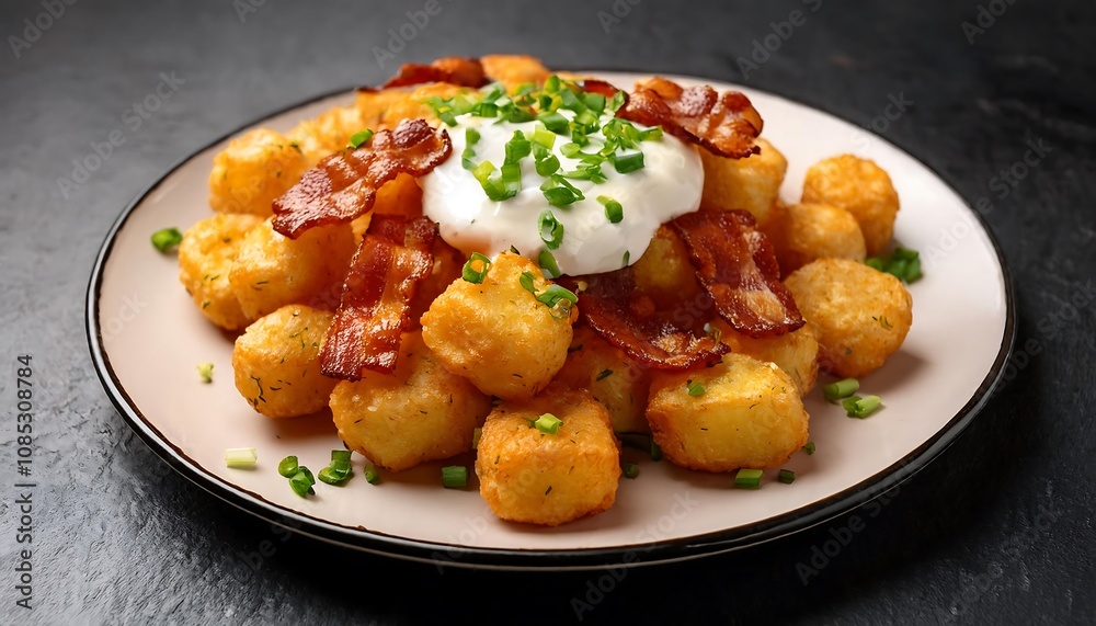 Crispy tater tots loaded with savory bacon, a dollop of creamy sour cream, and a sprinkle o_1(263) Crispy tater tots loaded with savory bacon, a dollop of creamy sour cream, and a sprinkle o_1(263)
