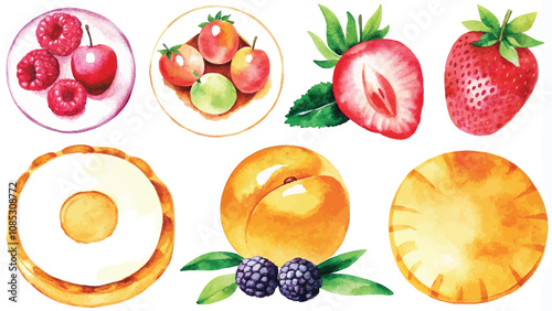 A set of watercolor fruits on a white background. Vector illustration.