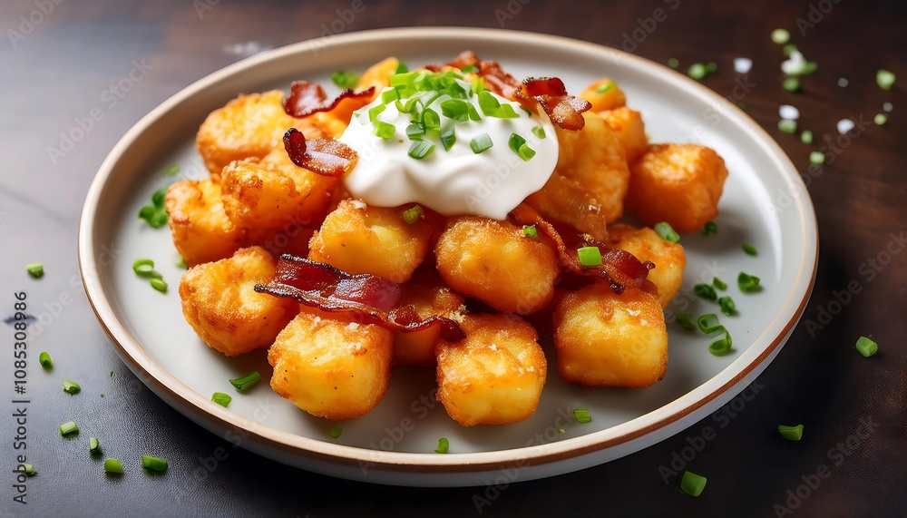 Crispy tater tots loaded with savory bacon, a dollop of creamy sour cream, and a sprinkle o_1(264) Crispy tater tots loaded with savory bacon, a dollop of creamy sour cream, and a sprinkle o_1(264)