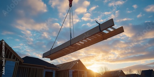 A shot of a crane lifting roof trusses into place on a nearly completed house