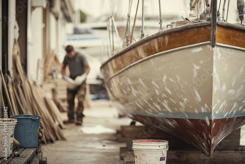 A craftsman works on a boat at a repair yard, surrounded by tools and materials, illustrating dedication to restoration and craftsmanship. photo