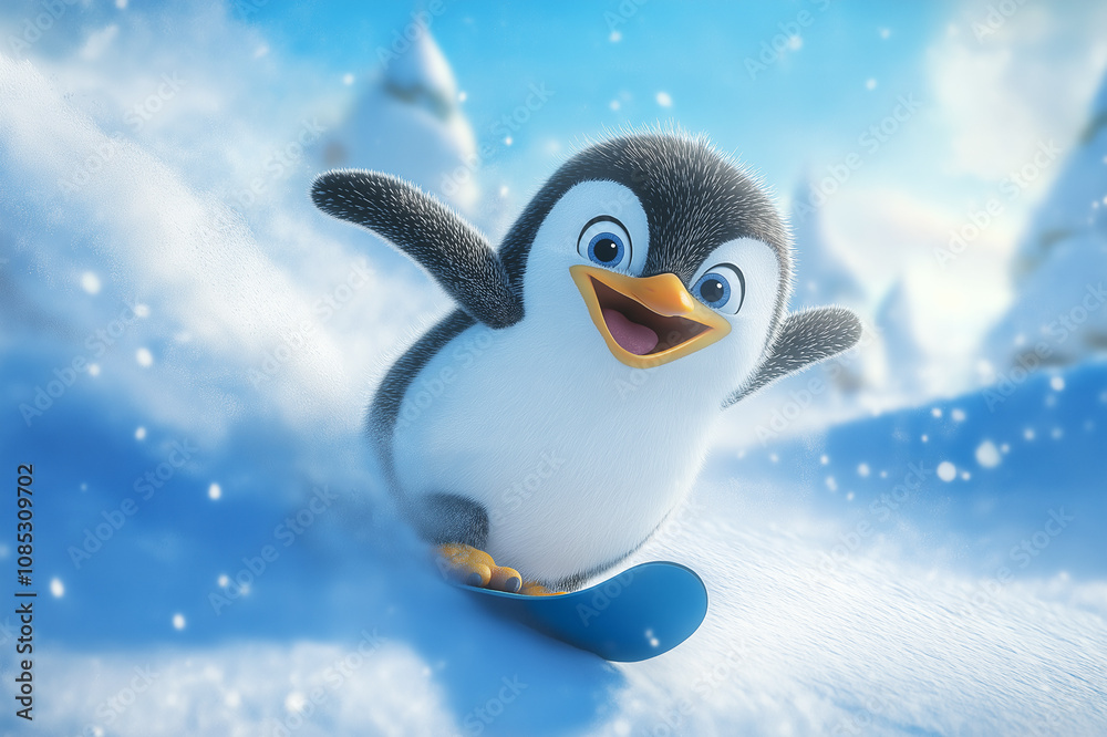 A cheerful penguin snowboarding down an icy slope with a joyful expression. A playful winter adventure scene capturing fun and energy in a snowy environment. A cheerful penguin snowboarding down an icy slope with a joyful expression. A playful winter adventure scene capturing fun and energy in a snowy environment.