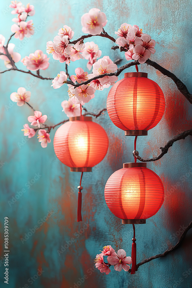 Fototapeta premium Buddha's birthday celebration with lanterns and cherry blossoms for spring decor