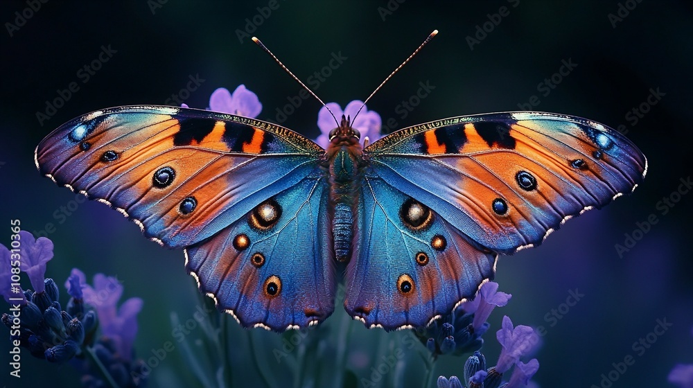 Obraz premium Peacock Butterfly on Lavender Plant with Open Wings