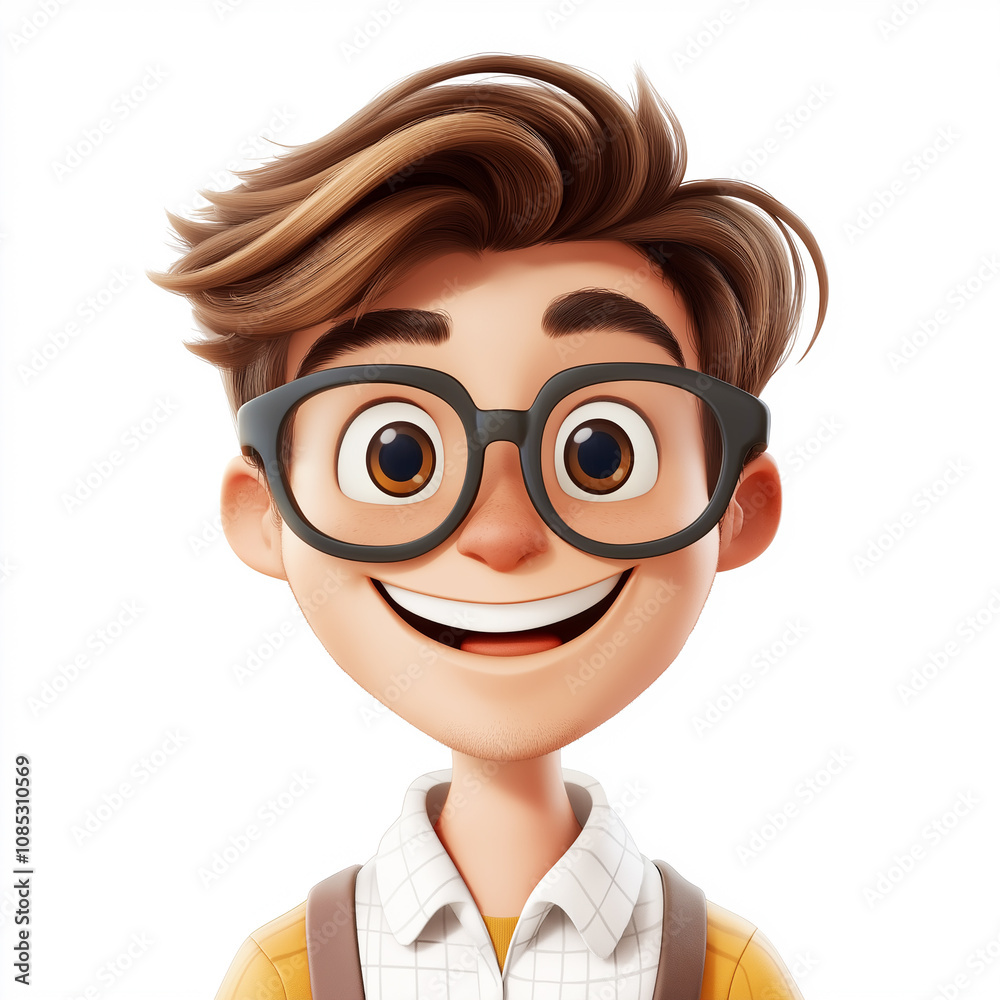 Smiling cartoon boy with glasses and a stylish hairdo. The design is cheerful and friendly, perfect for educational or children's projects. Smiling cartoon boy with glasses and a stylish hairdo. The design is cheerful and friendly, perfect for educational or children's projects.