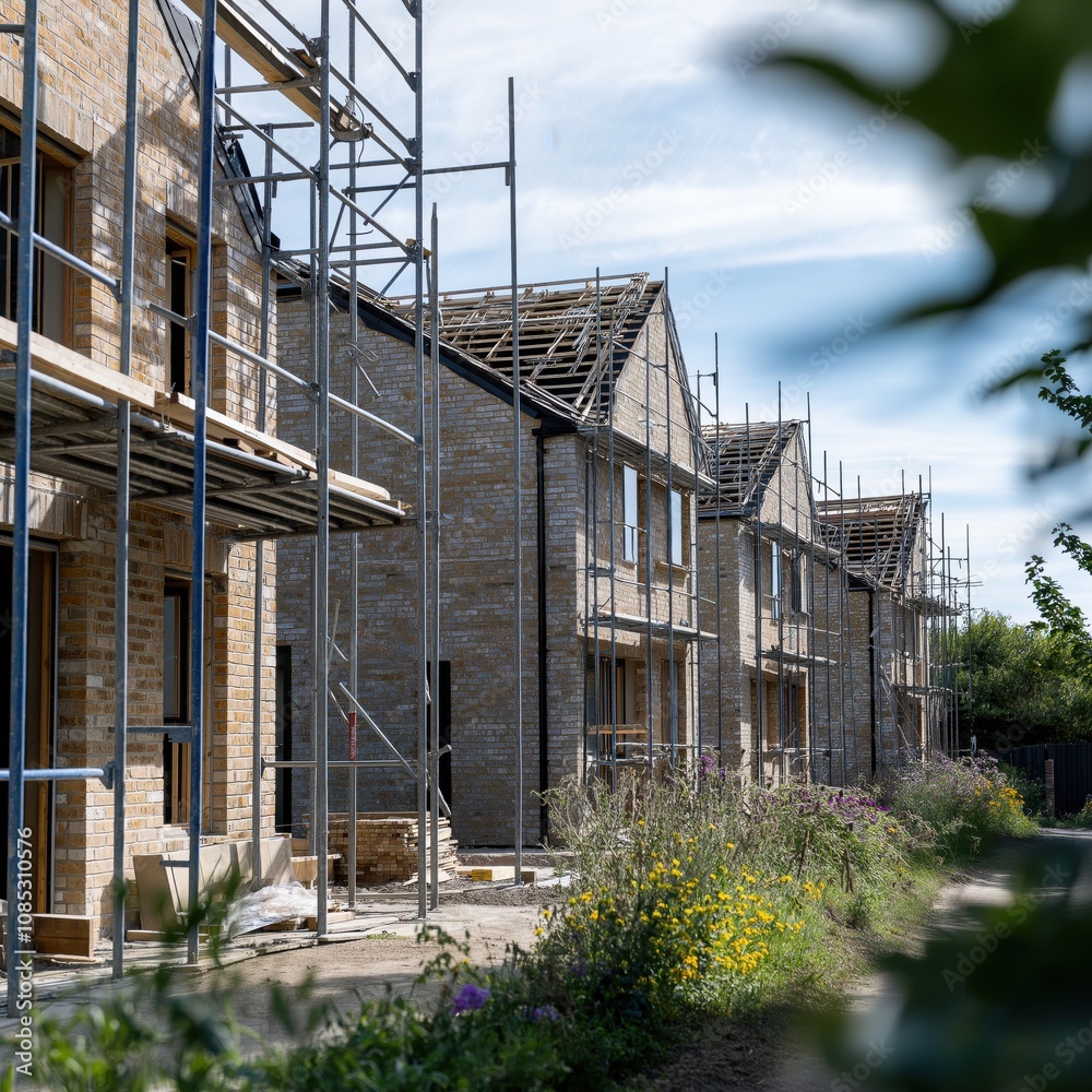 A shot of several semi-built houses surrounded by scaffolding in the summer A shot of several semi-built houses surrounded by scaffolding in the summer