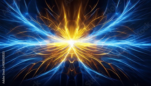  Electric blue and bright yellow radiate from a central point in abstract energy pattern_1(281)