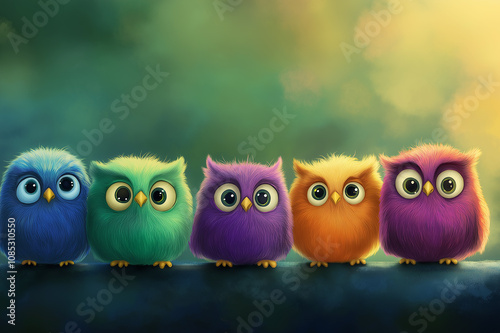 Four cartoon owls in vibrant neon hues sitting on a gradient background. The colors pop vividly, creating a playful and modern aesthetic.