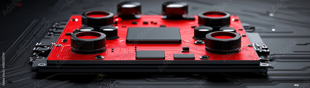 detailed 3D render of red digital interface with circuits and components detailed 3D render of red digital interface with circuits and components