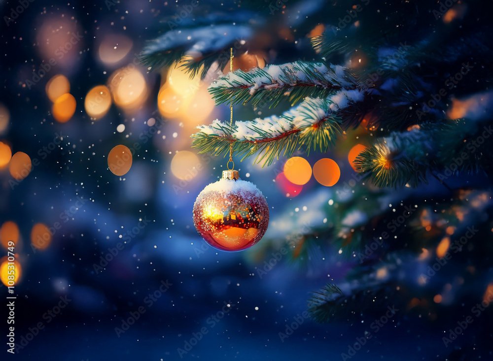 Fototapeta premium A snow-dusted pine branch holds a glistening amber ornament, illuminated by warm, out-of-focus lights. Falling snow adds a magical, wintery ambiance.