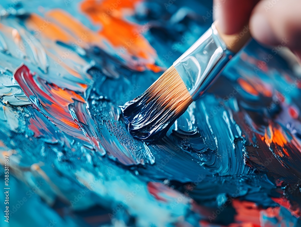 Fototapeta premium Close-up of a paintbrush applying a layer of blue paint to an abstract canvas.