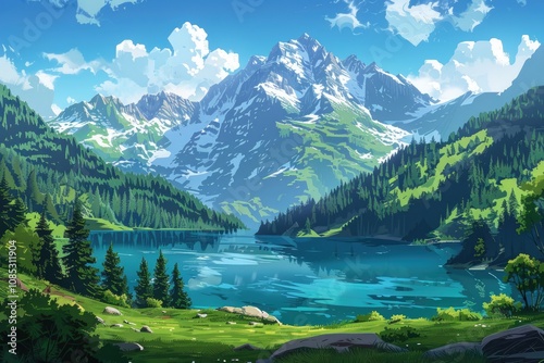 A serene mountain lake surrounded by snow-capped peaks and lush green forests