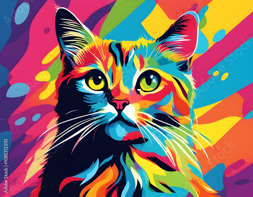 colorful cat with cool isolated pop art style background