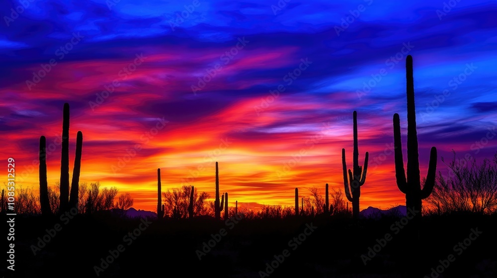 Silhouettes of Saguaro Cactus Against a Fiery Sunset Silhouettes of Saguaro Cactus Against a Fiery Sunset