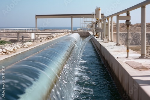 A serene water channel quietly flows, framed by industrial pipes and distant hills, illustrating the harmony of nature and human engineering. photo