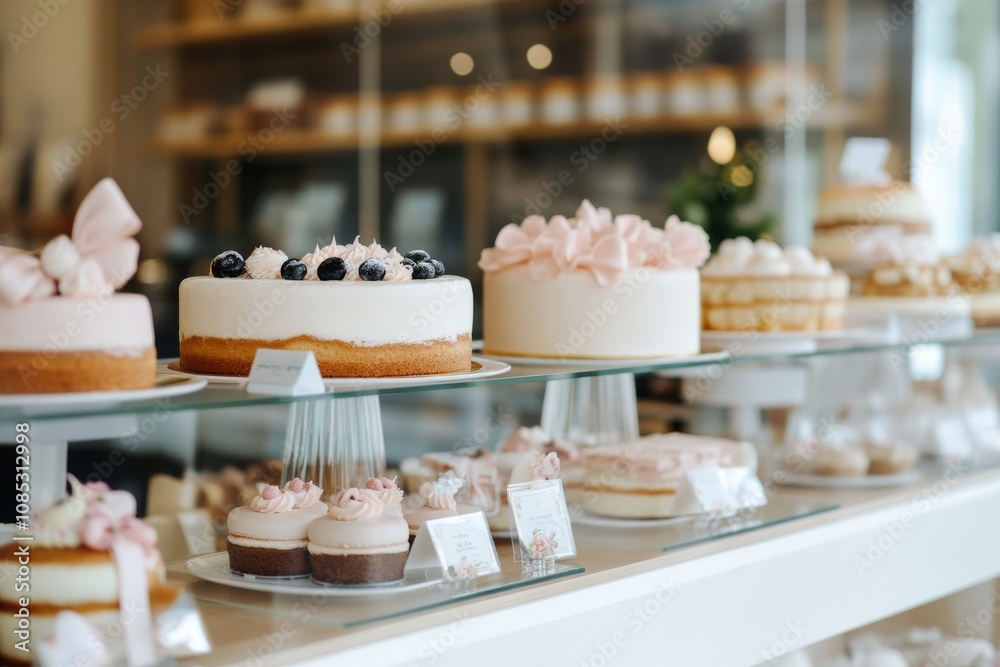 Charming bakery setup with an array of cakes and pastries topped with delicate decorations, enticingly displayed on glass shelves. Charming bakery setup with an array of cakes and pastries topped with delicate decorations, enticingly displayed on glass shelves.
