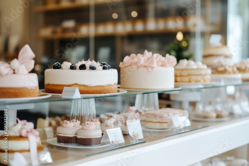 Wallpaper Mural Charming bakery setup with an array of cakes and pastries topped with delicate decorations, enticingly displayed on glass shelves. Torontodigital.ca