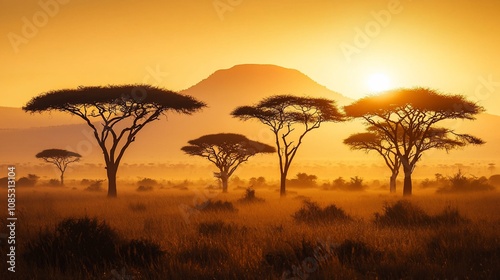 Stunning African Sunset Over Acacia Trees and Mountain Landscape